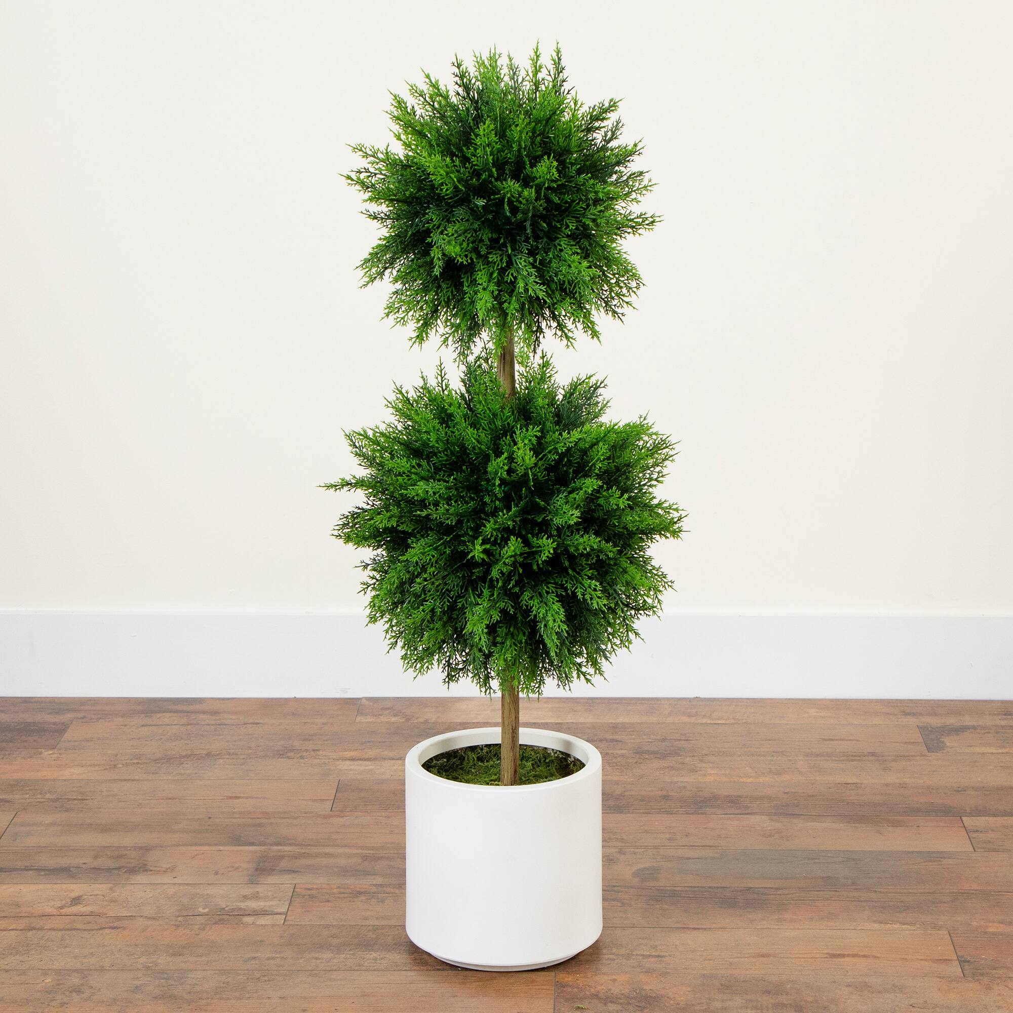 3.5ft. UV Resistant Cedar Double Ball Topiary Tree in White Decorative Planter